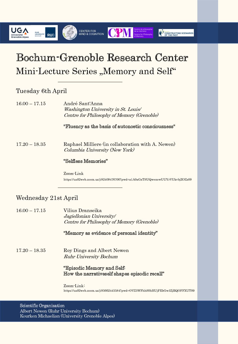 Bochum-Grenoble Research Center       Mini-Lecture Series „Memory and Self“