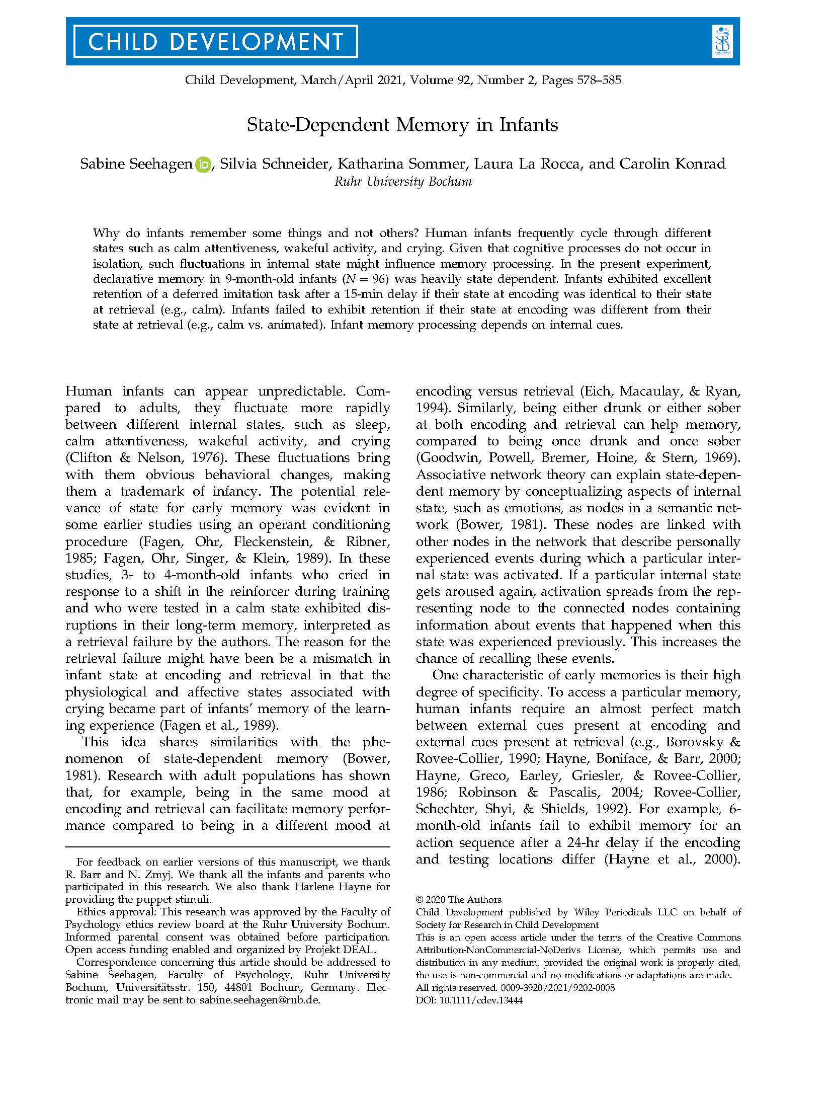 Child Development - 2020 - Seehagen - State‐Dependent Memory in Infants_Seite_1
